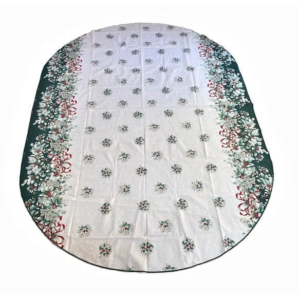 Vintage Other - Christmas Tablecloth Holly Berry Bells Ornaments Greenery Cotton Blend Oval